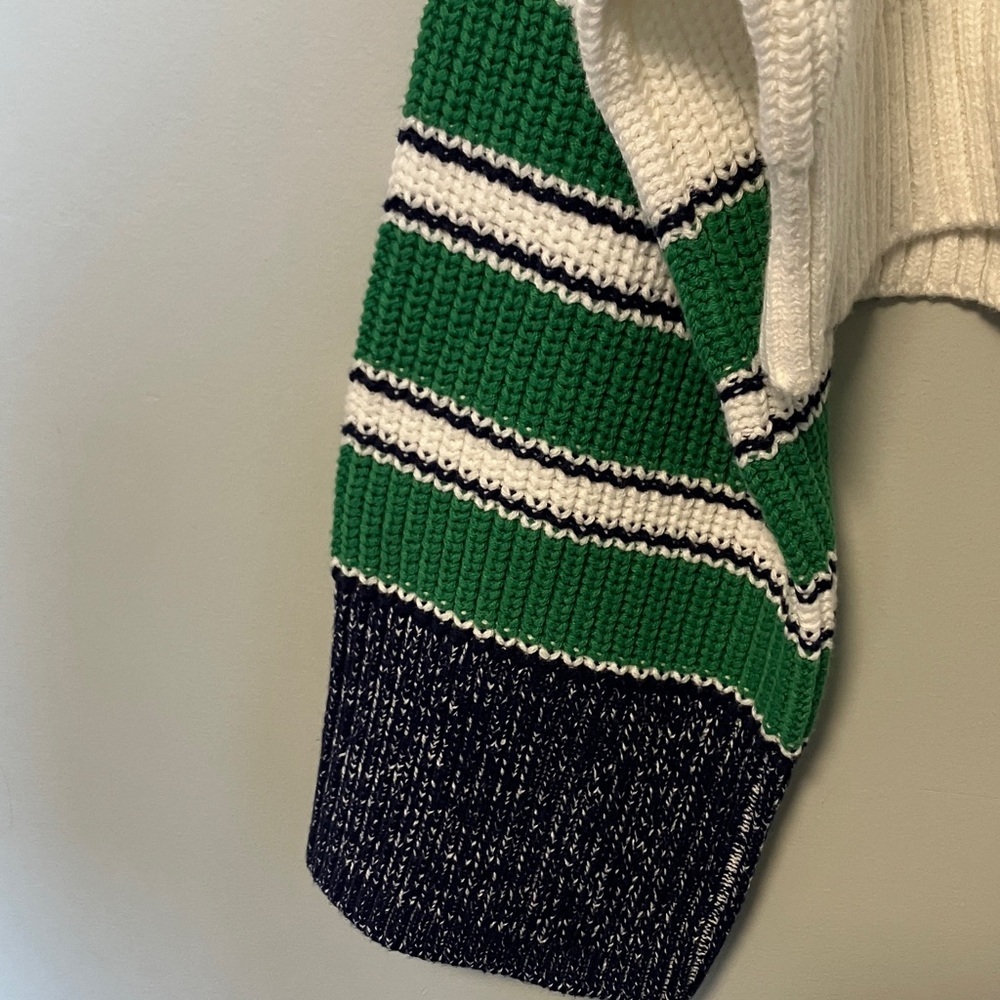 STAUD Cliff White Cropped Knit Sweater with Green & Navy Sleeve Accents - Picture 6 of 9